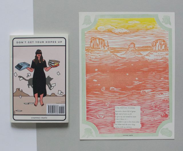 Linocut and letterpress poetry broadside by Rebecca Elliott for courtney marie's chapbook, Don't Get Your Hopes Up, featuring an image of an Arizona desert landscape and courtney's poem, 'a trip, much later, to arizona'.